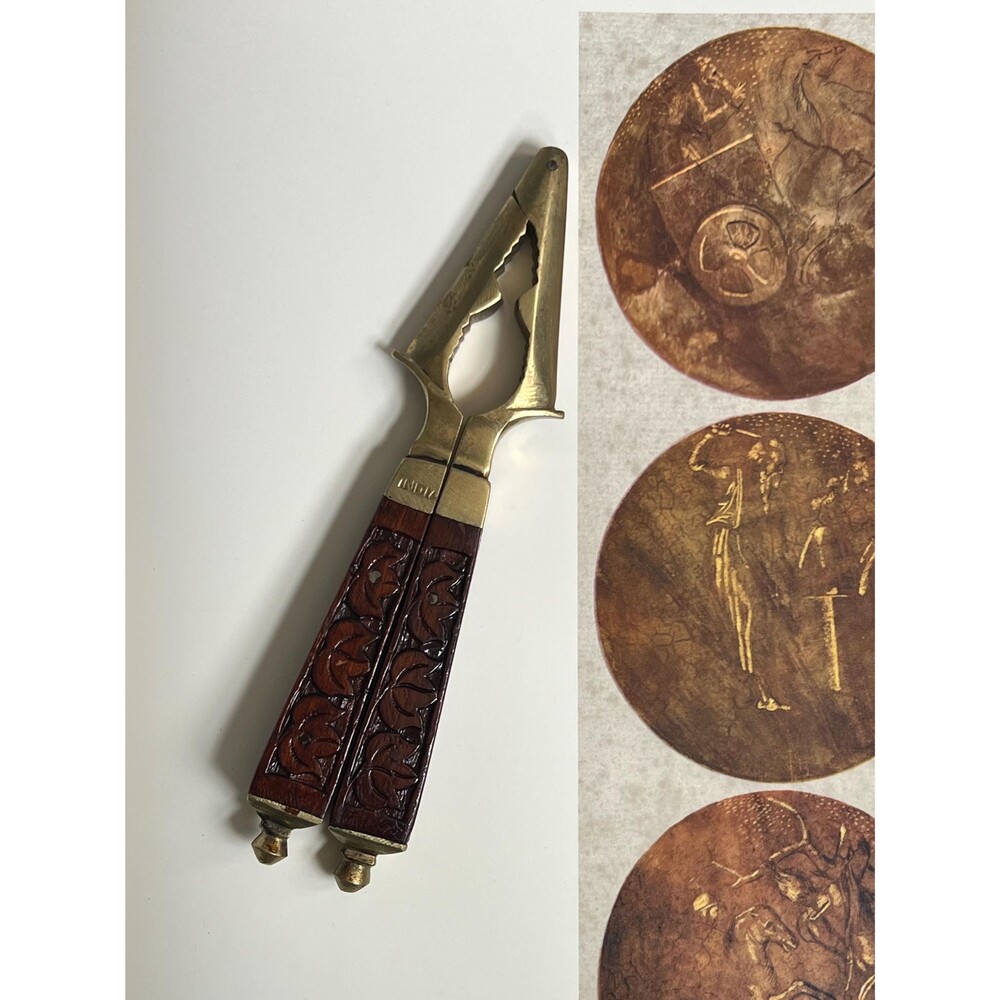 Vintage Carved Wood Handle Brass Nut Cracker
